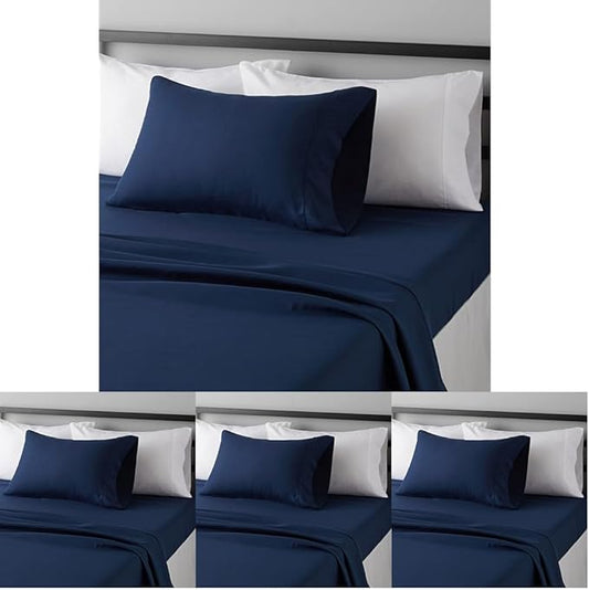 Amazon Basics Lightweight Super Soft Luxury Wrinkle Free Breathable Microfiber 3 Piece Fitted Sheet Set with 14-Inch Deep Pockets, Twin XL, Navy Blue, Solid (Pack of 4) AmazonBasics