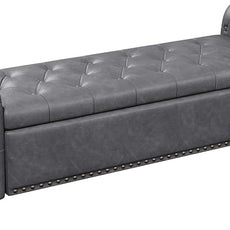65 Inch Bedroom Bench, End of Bed Bench with Storage, Bed Benches for Foot of Bed, Faux Leather Window Bench with Tufted Button and Nailhead Trim, Upholstered Storage Bench with Rolled Arms, Gray