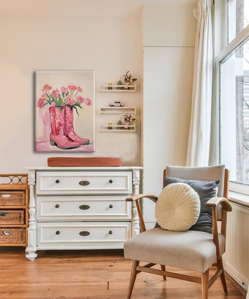 Julaydi Floral Cowgirl Boots Wall Art Pink Cowboy Boots with Flower Painting Western Aesthetic Canvas Prints Poster Trendy Preppy Girls Room Decor Picture for Living Room Bedroom Dorm 12x16in Framed