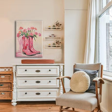 Julaydi Floral Cowgirl Boots Wall Art Pink Cowboy Boots with Flower Painting Western Aesthetic Canvas Prints Poster Trendy Preppy Girls Room Decor Picture for Living Room Bedroom Dorm 16x24in Framed