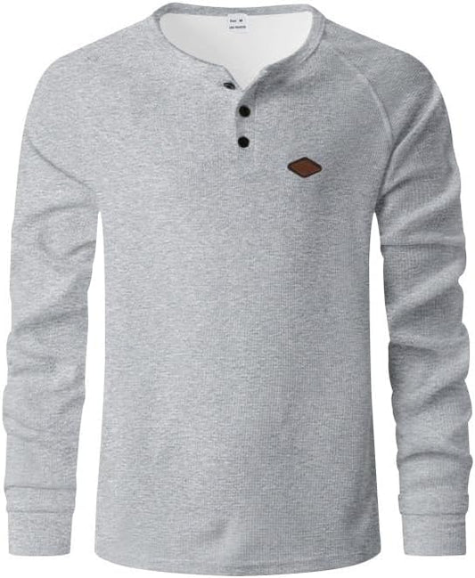 Men's Warm Waffle Top - 1/4 Button Round Neck Solid Color Casual Sweatshirt for Daily Vacation Wear