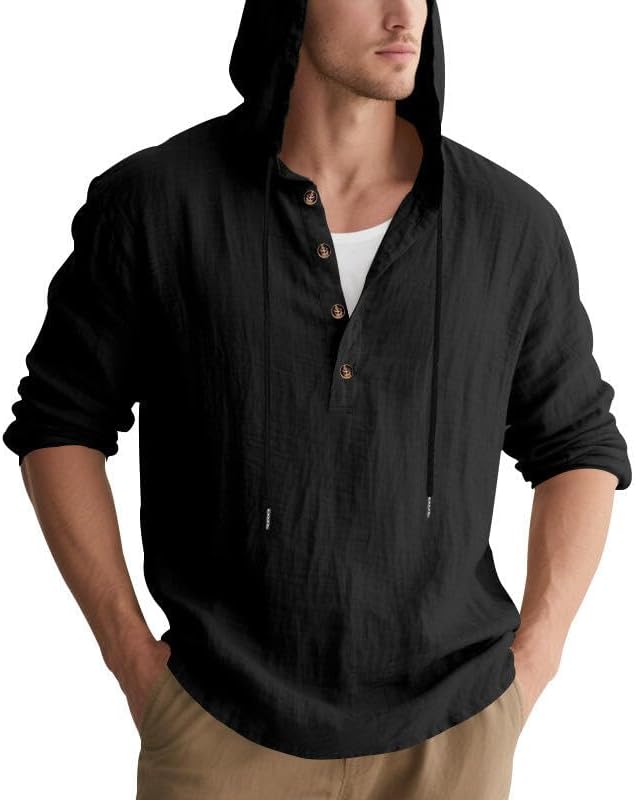 Men's Linen Blend Hoodie Long Sleeve Henley Pullover Sweatshirt Casual Loose Fit Top for Workout Beach Wear