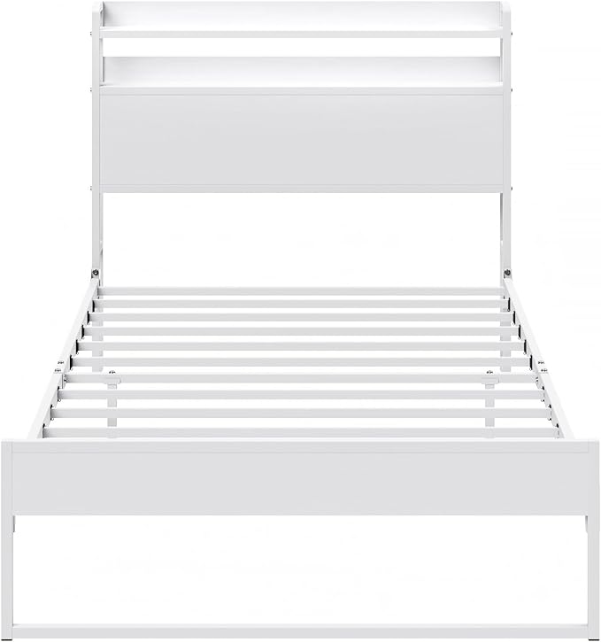 Elephance Twin Bed Frames,Metal Platform Bed Frame with 2-Tier Storage Headboard, No Box Spring Needed, Noise Free, Easy Assembly,White