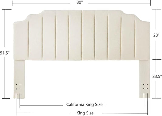 24KF Cream Teddy Fabric Tufted King Upholstered Headboard, Modern Vertical Channel Design California King Headboard with Stepped Silhouette Top Edge,6026-K-Teddy Cream