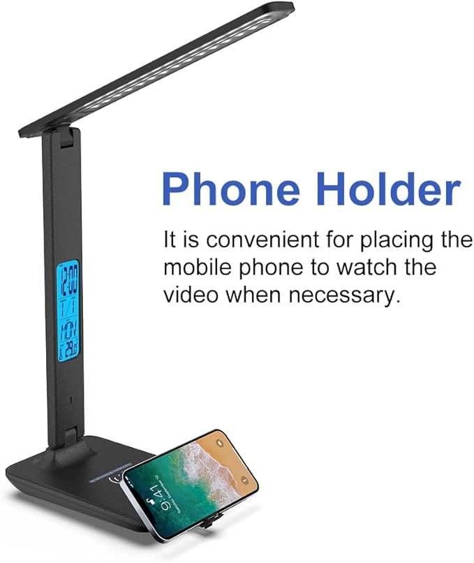 Multifunctional LED Desk Lamp with Wireless Charger,USB Charging Port,Clock,Phone Holder,Desk Lamps for Home Office,Eye-Caring Reading Lamp,Study Lamp for Boys,Girls,Teens,Black