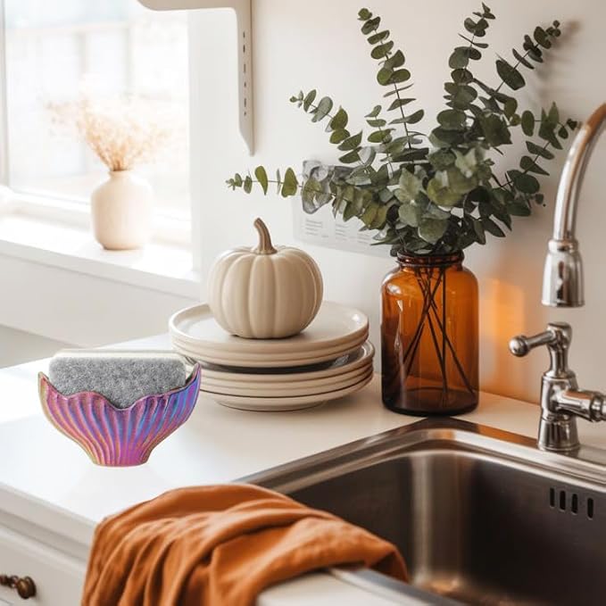 Sponge Holder for Kitchen Sink, Ceramic Dish Sponge Holder with Fishtail Design, Sink Caddy Organizer for Countertop, Farmhouse Kitchen Decor, Compact Counter Dish Caddy (Rainbow)