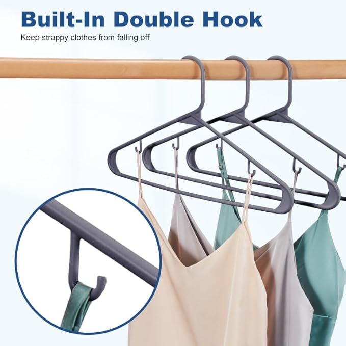 HOUSE DAY Grey Plastic Hangers 60 Pack, Non-Slip Plastic Hanger with Dual Hooks - Slim Space Saving 1/4" Thin Closet Organizers for Coats, Shirts, Pants & Dresses - Lightweight Garment Friendly