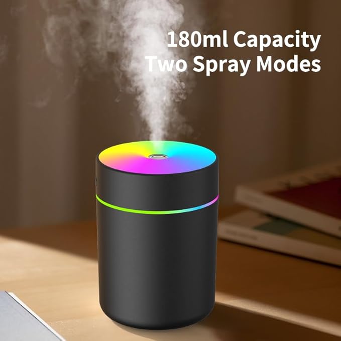 180ml Portable Small Humidifier with Colorful LED Night Light, USB Personal Desktop Humidifier for Car Home Office Travel, Auto Shut-Off, 2 Mist Modes, Super Quiet