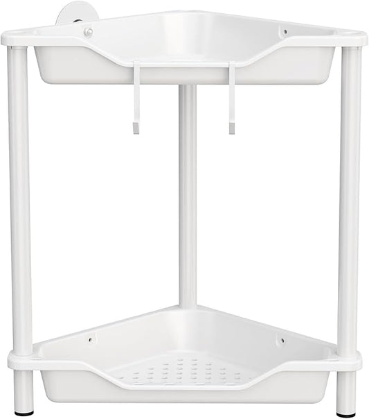 Orimade Rustproof 2 Tier Floor Standing Corner Shower Caddy Organizer, Plastic Metal Splicing Floor Corner Shelf Rack Stands for Bathroom, White