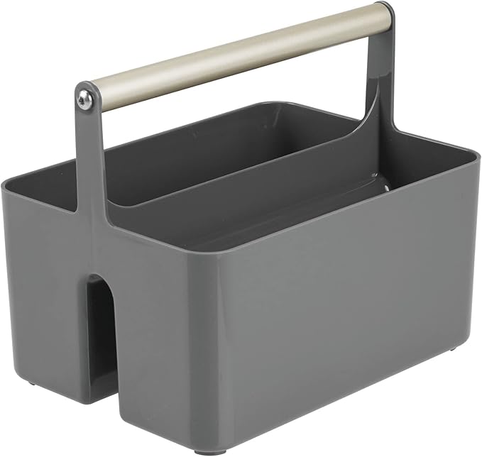 mDesign Plastic Shower Caddy Storage Organizer Utility Tote, Divided Basket Bin - Metal Handle for Bathroom, Dorm, Kitchen, Holds Soap, Shampoo, Conditioner - Aura Collection - Dark Gray/Matte Satin