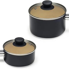 Amazon Basics 11-Piece Ceramic Non-Stick Pots and Pans Set, Dishwasher & Oven Safe, Non-Toxic, Easy Clean, Black/Cream