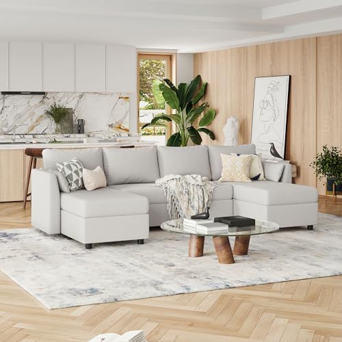 114.17" Modular Sectional Sofa, 6 Seat Modular Couch with Storage, Memory Foam, Convertible Sectional Couches for Living Room, U Shaped Comfy Modular Sofa with Chaise, Light Grey