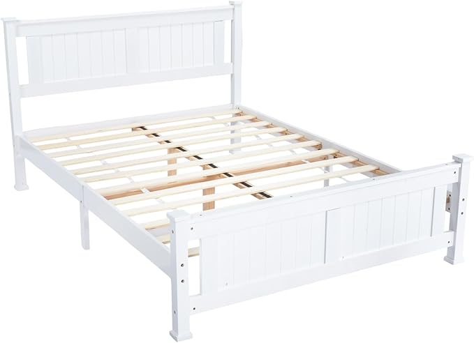 VINGLI Queen Bed Frame with Headboard Wood Platform Panel Bed,Heavy Duty Bed Slat No Box Spring Needed, White