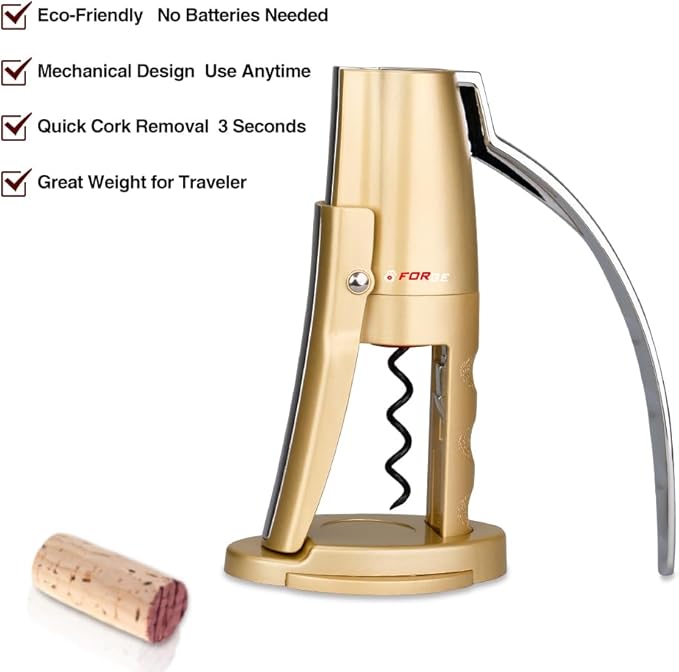 Forge Quality Compact Vertical Lever Corkscrew Wine Opener with Foil Cutter. 3 Seconds to Open a Bottle of Wine. Champagne Gold.