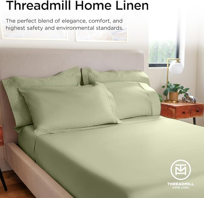Threadmill 100% Cotton Sheets for Cal King Size Bed - 600 Thread Count Cal King Bed Sheets Set with 16” Deep Pocket - Sateen Weave 4-Piece Bedding Set with Cooling Effect, Sage Green