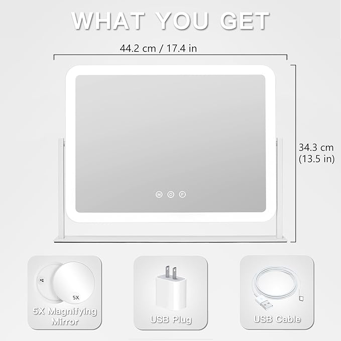 HIEEY Vanity Mirror with Lights, Lighted Makeup Mirror, Three Color Lighting Modes, and 5X Magnification Mirror, Smart Touch Control, 360°Rotation (17.4" x 13.5" White,Gift Box)