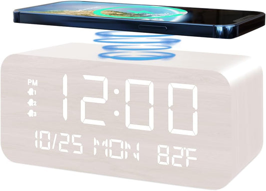JALL Digital Alarm Clock, with Wooden Electronic LED Time Display, 3 Alarm Settings, Humidity & Temperature Detect, Wood Made Electric Clocks for Bedroom, Bedside, Desk (White-Wireless)
