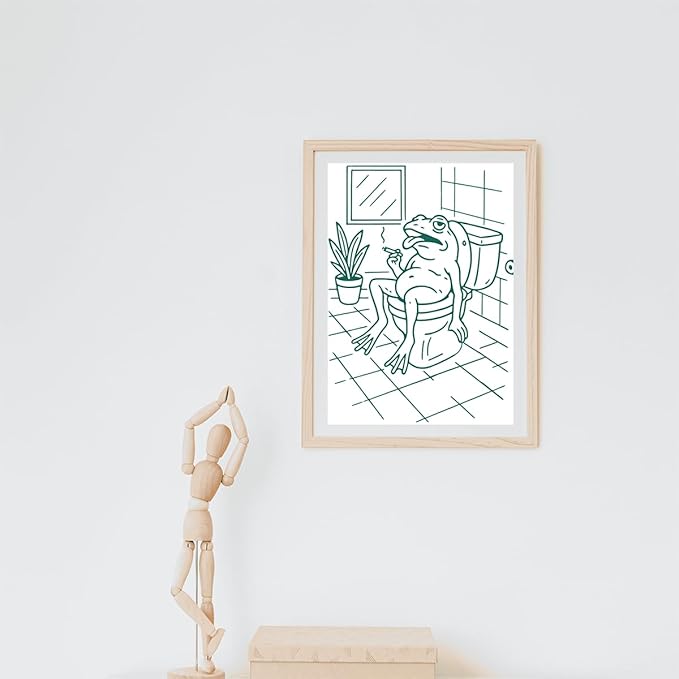 Jatinoo Funny Frog Bathroom Art Framed Canvas - 11.5x15 Inch Meme Wall Decor for Women Men, Cute Aesthetic Frog Decor, Funky Unique Bathroom Pictures for Forest Western Theme