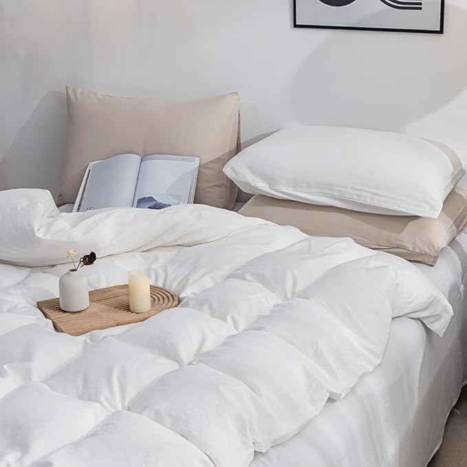 JELLYMONI White Duvet Cover Queen Size - 100% Washed Cotton Linen Like Textured Comforter Cover, 3 Pieces Breathable Soft Bedding Set with Zipper Closure (Bright White, Queen 90"x90")
