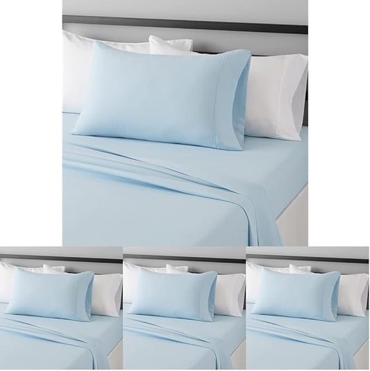 Amazon Basics Lightweight Super Soft Easy Care Wrinkle Free Microfiber 3 Piece Bed Sheet Set with 14-Inch Deep Pockets, Twin, Light Blue, Solid, Kids, Men & Women Bedding (Pack of 4) AmazonBasics