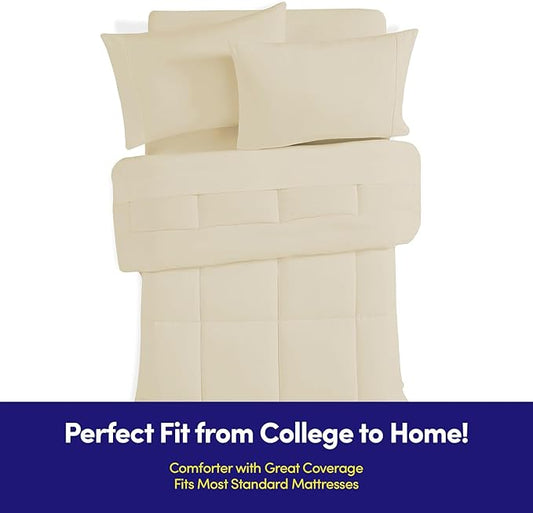 Dorm Room Essentials College Bedding Comforter Set 5 Piece Twin Size Bed in a Bag for College Students Boys and Girls, Twin, Cream/Beige
