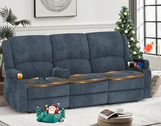 Recliner Sofa, 3 Seater Manual Reclining Sofa with 2-Tier Cushion, Reclining Couches for Living Room with Removable Console, Hidden Storage Space, Cup Holders - Blue