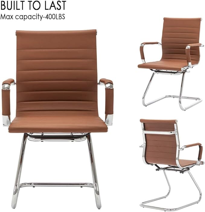 Office Desk Chair Set of 8,No Wheels PU Leather Computer Chairs Mid Back Guest Chairs with Seld Base for School/Reception/Conference/Waiting Room,Cafe