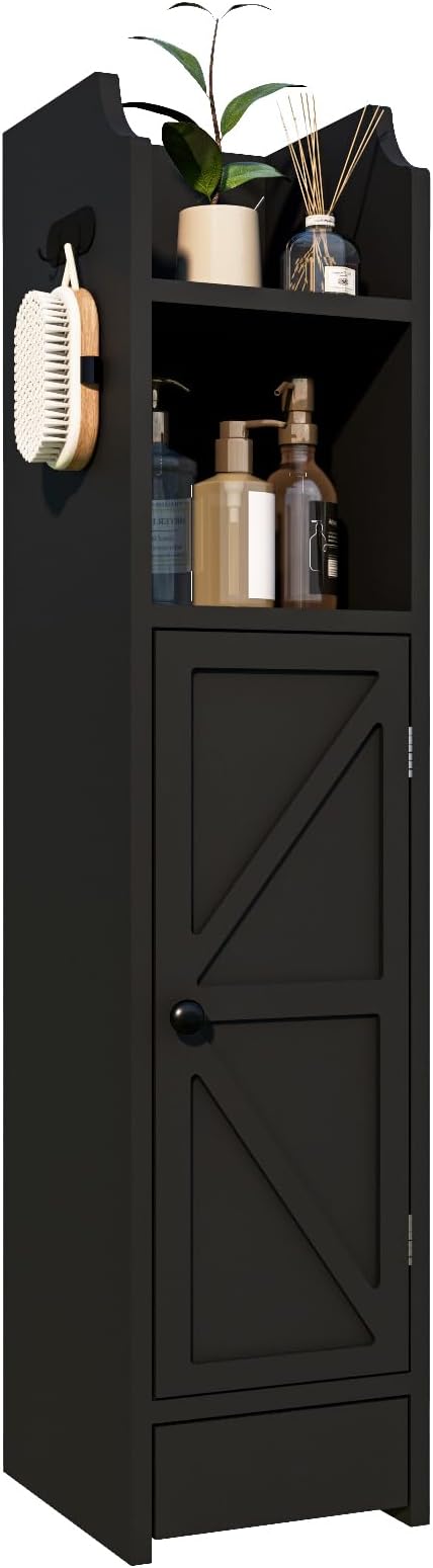 Small Bathroom Storage Cabinet, Toilet Paper Storage,Corner Floor Cabinet with Doors and Adjustable Shelf,Bathroom Organizer for Small Spaces Black