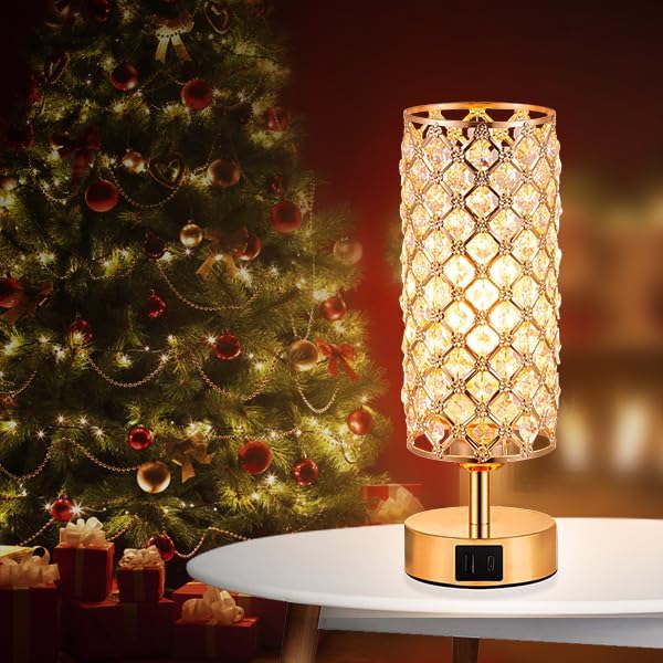 Crystal Table Lamp, Gold Lamp for Bedroom with USB-C USB-A Charging Ports, 3 Way Dimmable Light with Crystal Lampshade, Bedside Lamp Small Touch Light for Girl Room in Gold