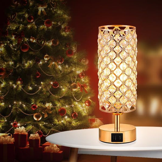 Crystal Table Lamp, Gold Lamp for Bedroom with USB-C USB-A Charging Ports, 3 Way Dimmable Light with Crystal Lampshade, Bedside Lamp Small Touch Light for Girl Room in Gold