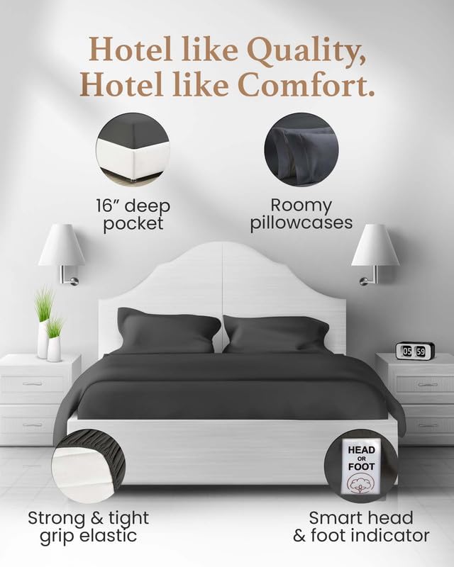 Good Sleep Bedding 100% Egyptian Cotton Queen Sheets - Bedsheets Queen Size Bed, 4 Pc, Queen Bed Sheet Set, Luxury Sateen Weave, 16" Deep Pocket Queen Sheet Set - Dark Grey Sheets Queen Size GoodSleepBedding