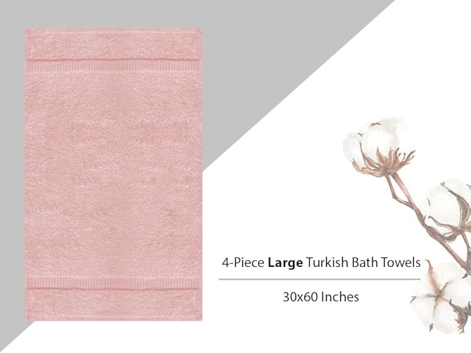 Towel Bazaar Premium Cotton Super Soft and Absorbent Turkish Towels (4-Piece Extra Large Bath Towels, Pink)