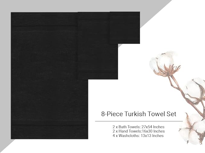 Towel Bazaar Premium Cotton Super Soft and Absorbent Turkish Towels (8-Piece Towel Set, Black)