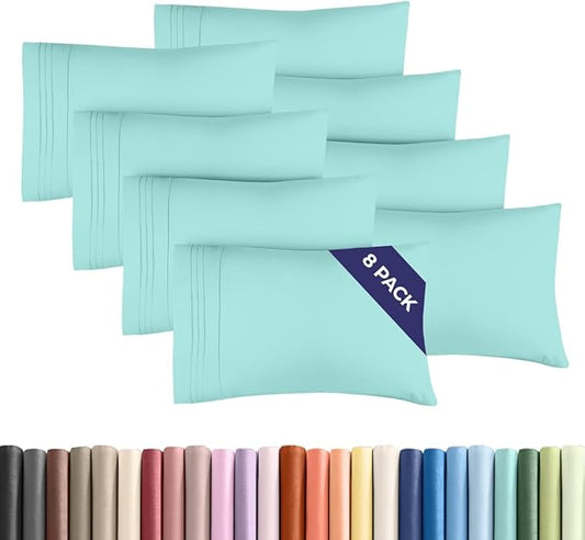 Queen Pillow Cases Set of 8 - Ultra Soft Hotel Quality Pillowcase Covers - Comfy, Cozy & Wrinkle Free - Shrink, Stain and Fade Resistant - Machine Washable Pillow Protectors - 8 Piece Set - Spa Blue