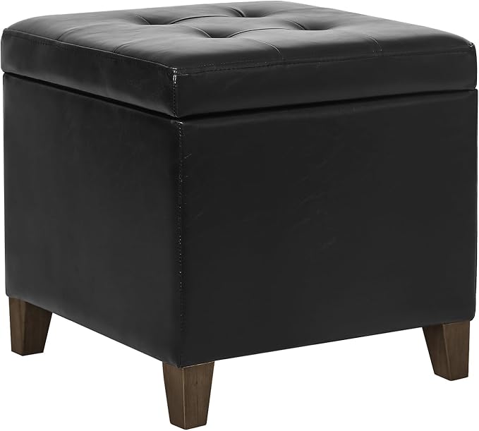 Leather Storage Ottoman with Hinged Lid, Square Foot Rest Stool Tufted Cube Footstool, Black