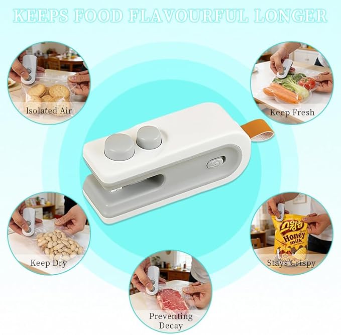 Mini Bag Sealer, 2-in-1 Rechargeable Magnetic Food Sealer & Cutter, USB Portable Handheld Heat Sealing Tool for Snacks, Chips, Vegetables to Keep Food Fresh (White+Blue,2PCS)