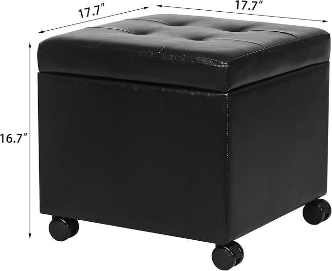 Ottoman with Wheels, 17 Inch Ottoman Footstool with Wheels, Small Square Faux Leather Ottomans Foot Rest Black Rolling Storage Bench, Hassocks and Ottomans, Footstools for Living Room