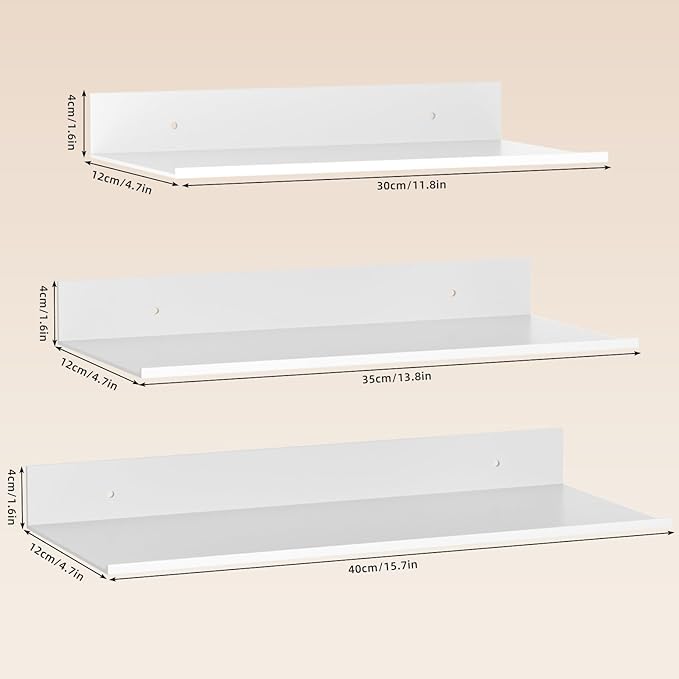 White Floating Wall Shelves for Bedroom, Modern Bathroom Shelves Wall Mounted No Drilling Set of 3, Metal Small Decor Floating Shelf for Living Room Office