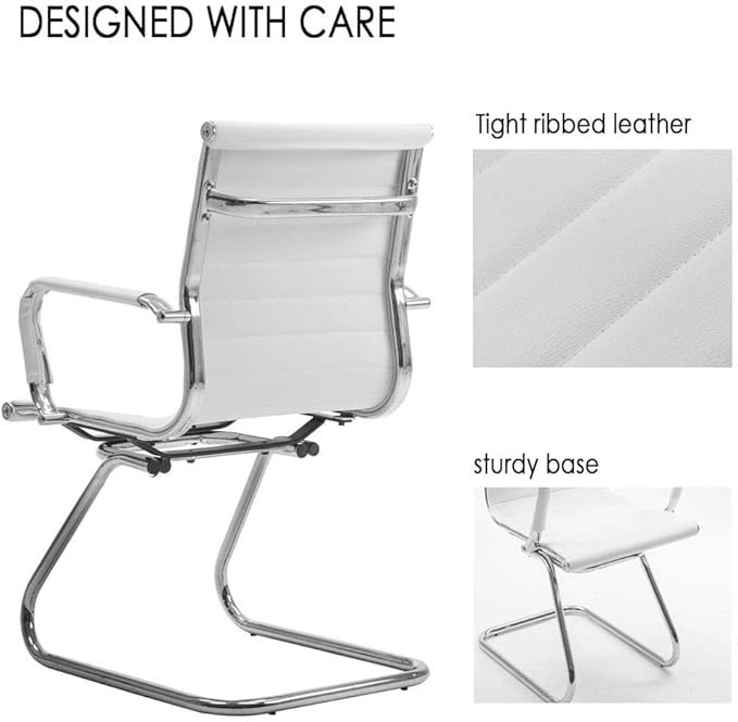 White Office Desk Chair No Wheels Set of 8 PU Leather Computer Chairs Mid Back Guest Chairs for School Reception Conference Waiting Room, White