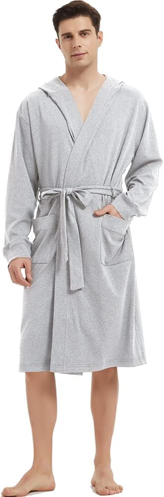 HOLOVE Men's Pure Cotton Bathrobe Lightweight Kimono and Hooded Spa Robes Soft Sleepwear
