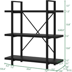 HSH 3 Tier Black Bookshelf, Industrial Small Metal Wooden Storage Book Shelves, Modern Open Low 3 Shelf Bookcase and Display Etagere, Vertical Book Shelf for Bedroom Living Room Office, Black Oak