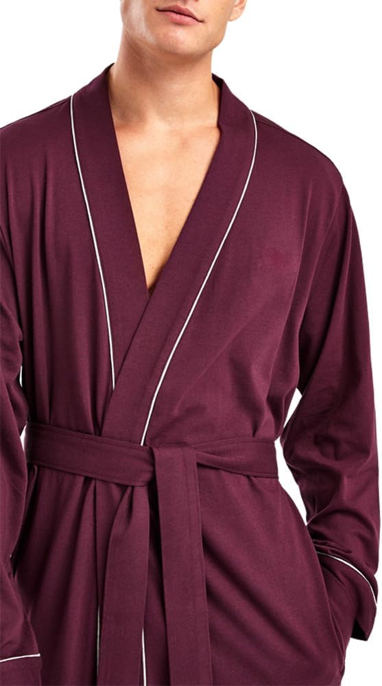 HOLOVE Men's Pure Cotton Bathrobe Lightweight Kimono and Hooded Spa Robes Soft Sleepwear