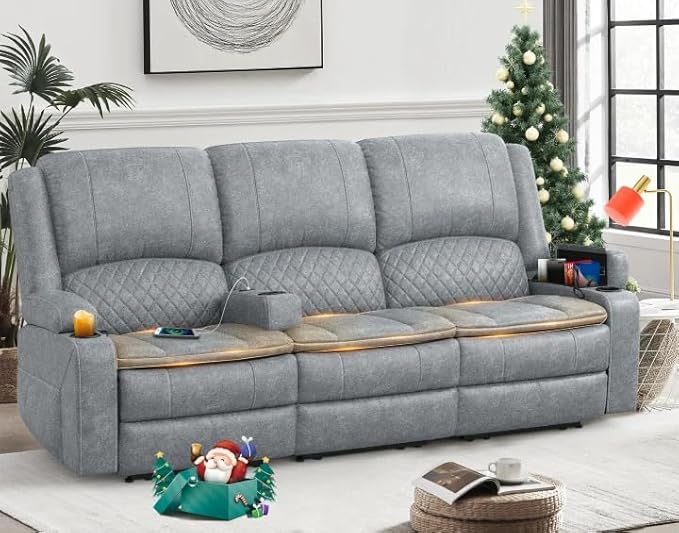 Recliner Sofa, 3 Seater Manual Reclining Sofa with 2-Tier Cushion, Reclining Couches for Living Room with Removable Console, Hidden Storage Space, Cup Holders - Gray