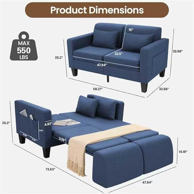 SEJOV 6-in-1 Convertible Sofa Bed, 58" Loveseat Sleeper Sofas with Pull Out Couch Bed, Removable Backrest, Storage Pockets and 2 Pillows, Modern Folding Linen Futon Couch for Small Spaces, Blue