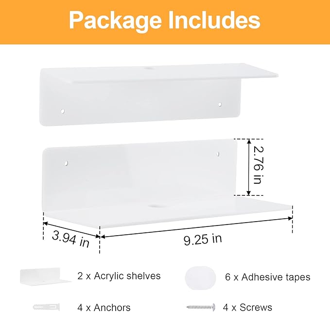 9 Inch Acrylic Floating Shelf No Drill Adhesive Wall Shelf Set of 2 for Funko Pop Storage, Floating Shelves Damage-Free Expand Wall Space for Living Room, Bathroom, Gaming Room, Office - White