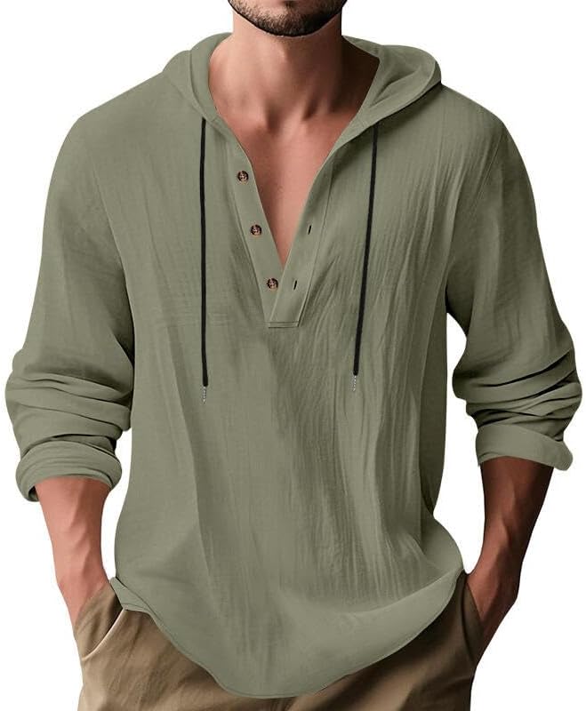 Men's Linen Blend Hoodie Long Sleeve Henley Pullover Sweatshirt Casual Loose Fit Top for Workout Beach Wear