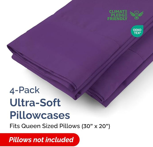 Queen Pillow Cases - 4 Pack - Super Soft Pillowcase Covers - Envelope Enclosure - Hotel Quality Pillow Protectors - Wrinkle Free, Fade, Shrink & Stain Resistant - Machine Washable - 20" x 30" (Purple)