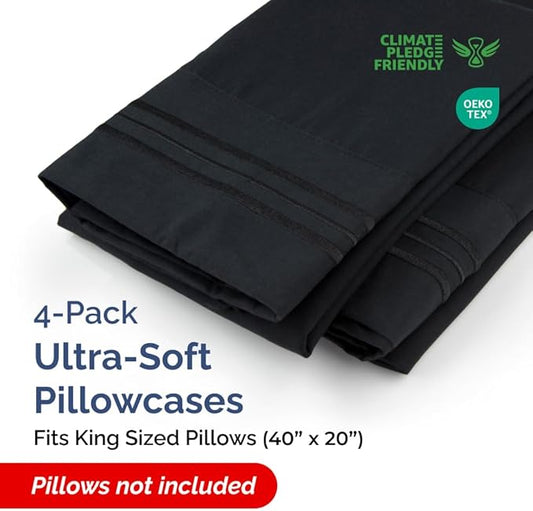 King Pillow Cases Set of 4 - Ultra Soft Hotel Quality Pillowcase Covers - Comfy, Cozy & Wrinkle Free - Shrinkage, Stain and Fade Resistant - Machine Washable Pillow Protectors - 4 Piece Set - Black