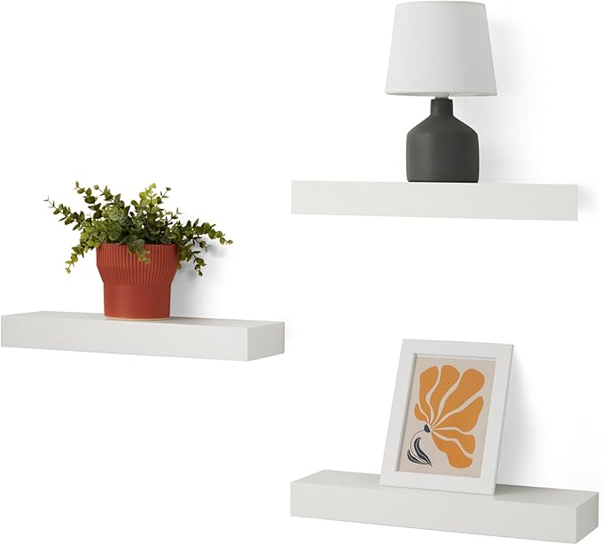 Amazon Basics Wood Floating Wall Shelves, Pack of 3, White, 15.8" x 5" x 1.8"