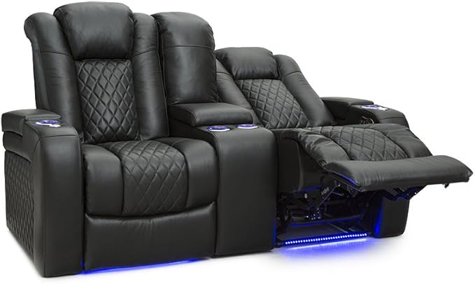 Seatcraft Anthem Home Theater Seating - Italian Leather - Power Recline Loveseat - Center Storage Console - Powered Headrests - Arm Storage - USB Charging - Cup Holders, Black